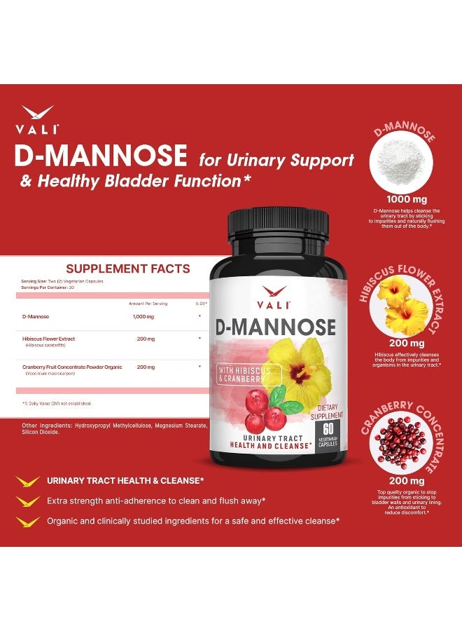 VALI D Mannose 1000 mg Urinary Tract Health Formula - Triple Strength Organic Cranberry Fruit Concentrate & Hibiscus - Image 2